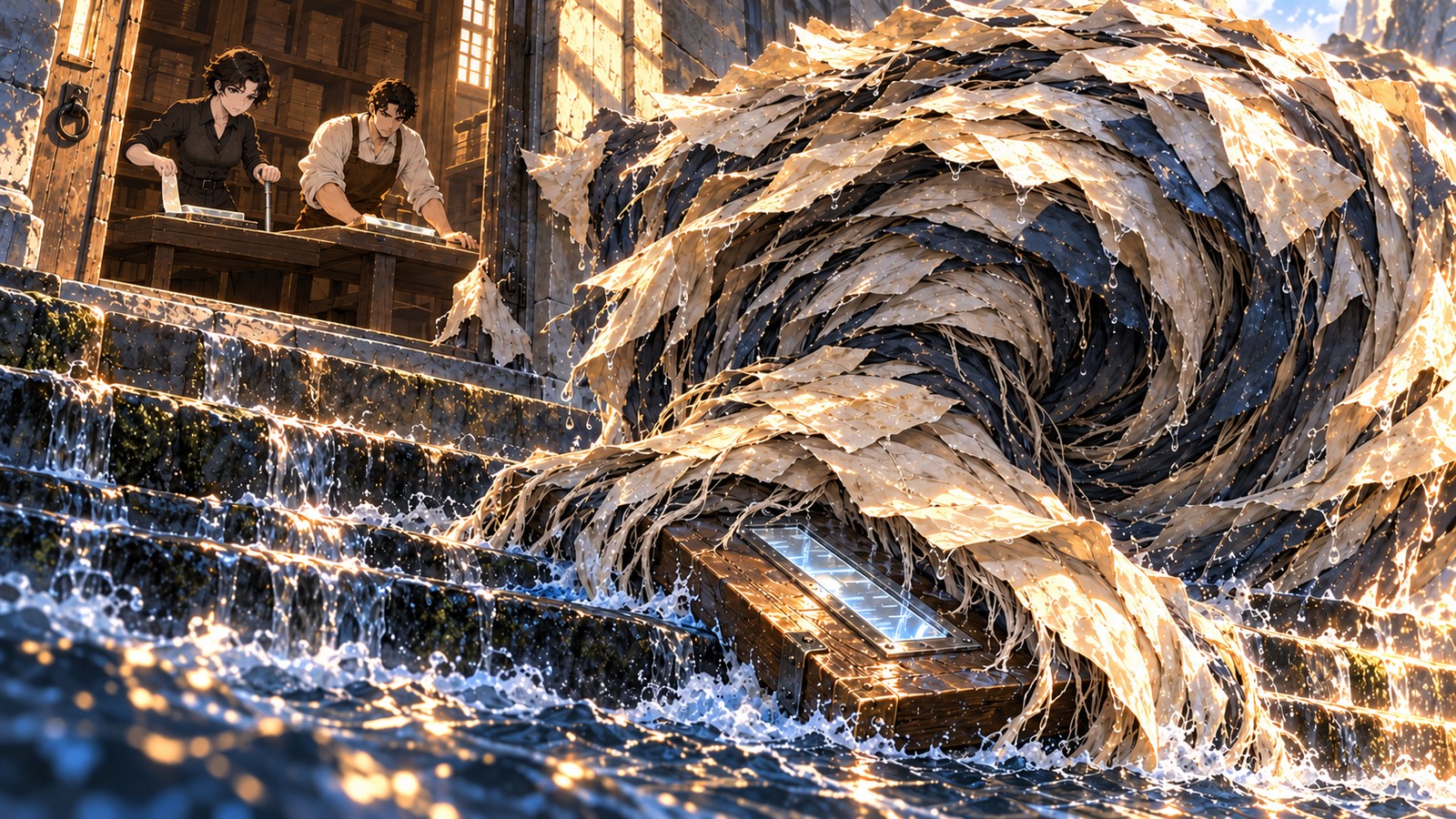 Uma massa sem rosto de papel encharcado envolve o chamariz luminoso na escada inundada, enquanto Suri usa sua bengala e consulta uma fita no arquivo seco.
