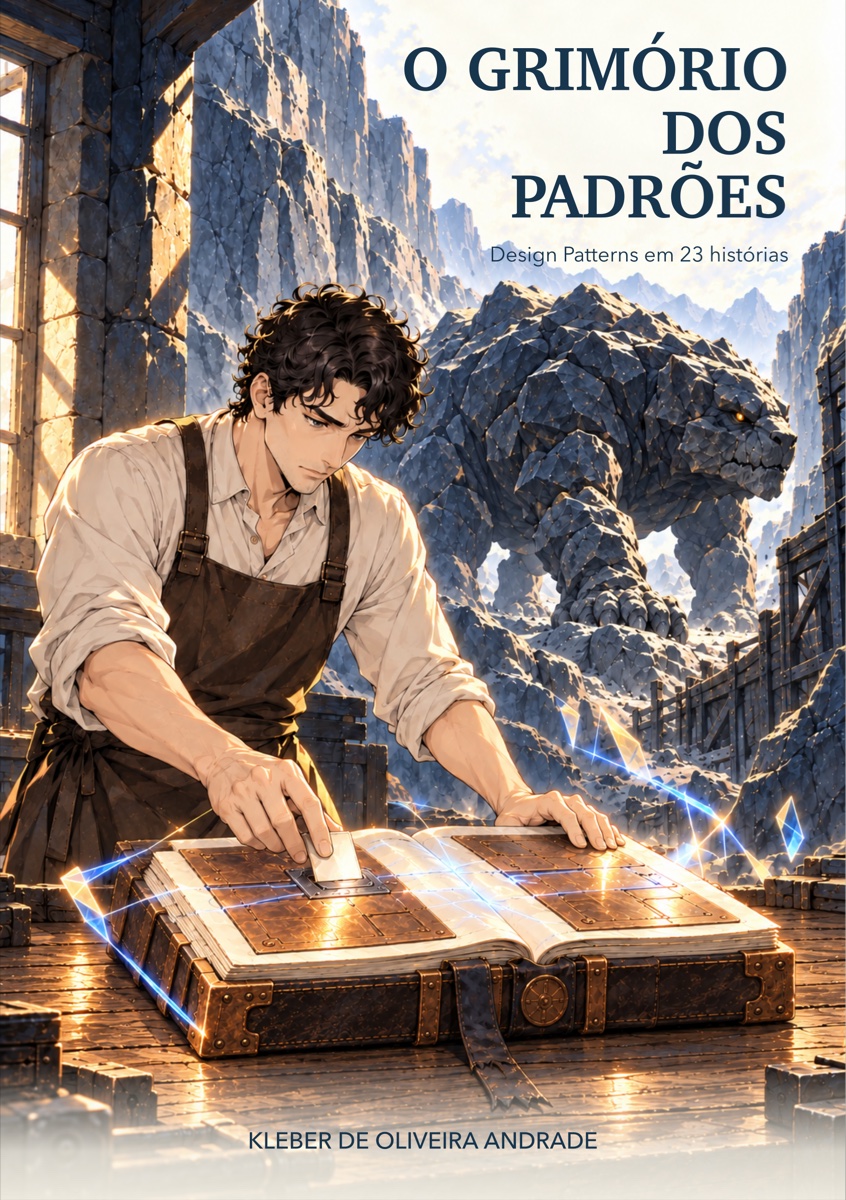 Capa de O Grimório dos Padrões, com um conjurador, o grimório e uma fera em uma cena de fantasia.